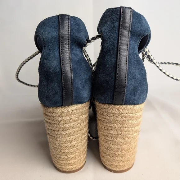 TORY BURCH Positano Suede Lace Up Platform Heel Women Sandals Size 9.5 Blue Beig - Picture 8 of 14